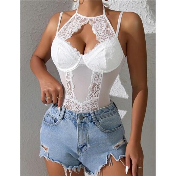 Women Teddy Lingerie Sexy Snap Crotch Lace Bodysuit White - Picture 5 of 6